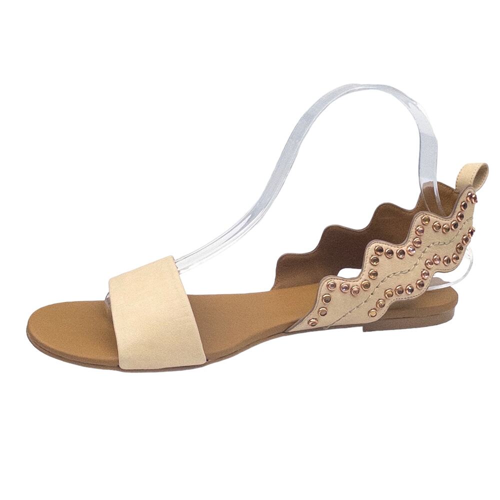 See by Chloé Women's Flat Sandal Size 10 Tan Scalloped Rhinestone Stud Leather